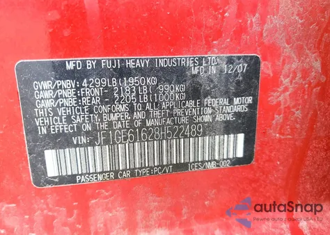 2008 Subaru Impreza 2.5I z USA, uszkodzony, nr VIN JF1GE61628H522489